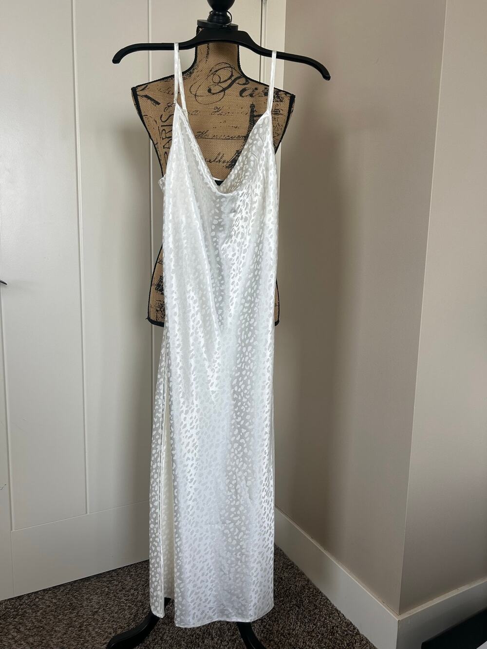 Forever 21 Satin Cowl Neck Leopard Print Long Cream Y2K Slip Dress Size S